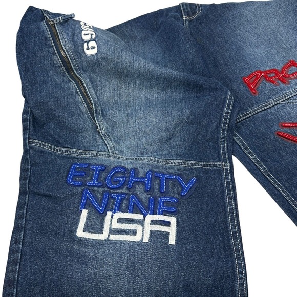 PACO JEANS Blue Denim Streetwear Skate Embroidered Patch Leg Zip Pockets 54x33 - Picture 10 of 14